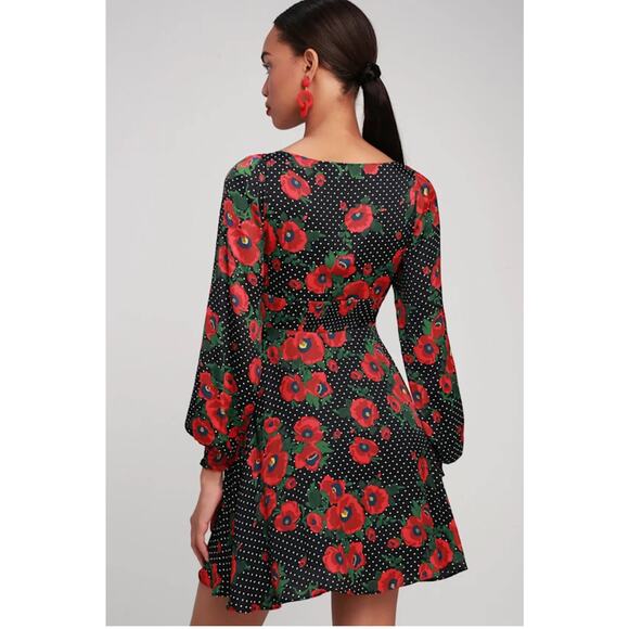 Free People Morning Light Black Print Long Sleeve Mini Dress Size 8 - Picture 7 of 7